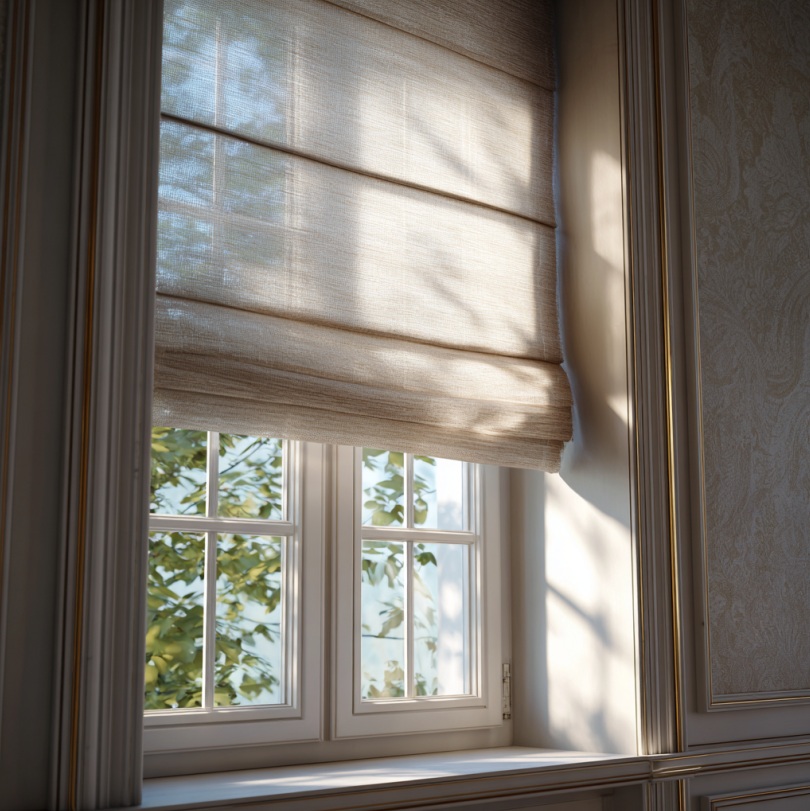 Bedroom window with a partially lowered Roman shade, controlling light, reducing glare, and providing privacy.