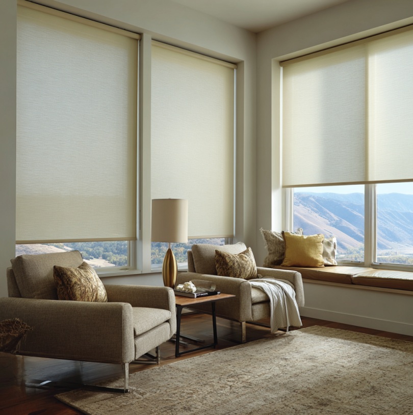 Open sitting area with roller shades partially lowered, filtering sunlight, reducing glare, and maintaining a clear view of the canyon.