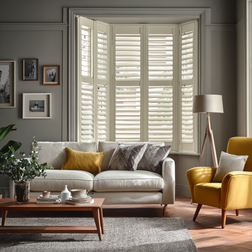 Bay window with plantation shutters in a cozy Yorba Linda, CA living room.