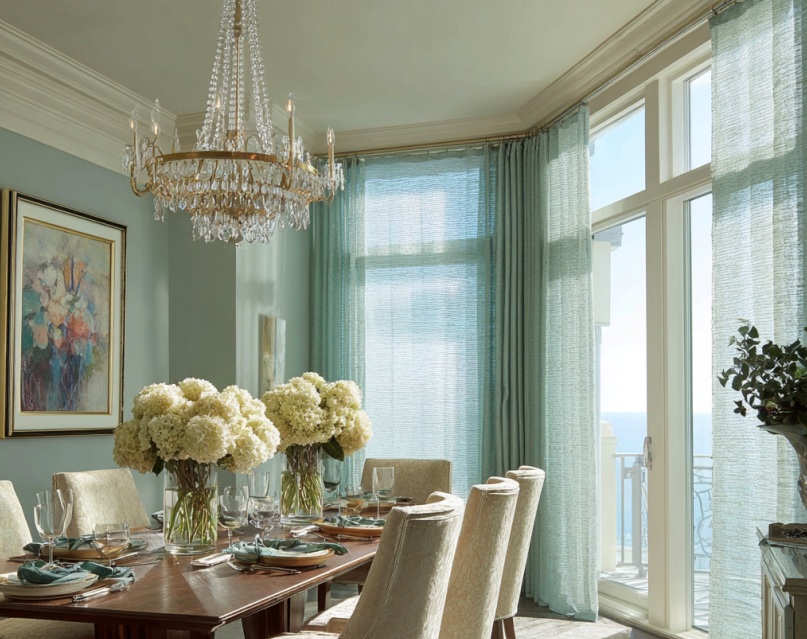 Formal dining room with airy aqua drapes hung from rings on a curtain rod, floor-to-ceiling length, creating a casual and elegant atmosphere while softly filtering light.