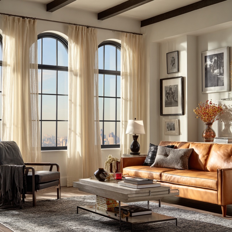 Alt text: Windows dressed with sheer draperies featuring pinch-pleat tops, softening sunlight and adding a feminine contrast to a masculine-style room.