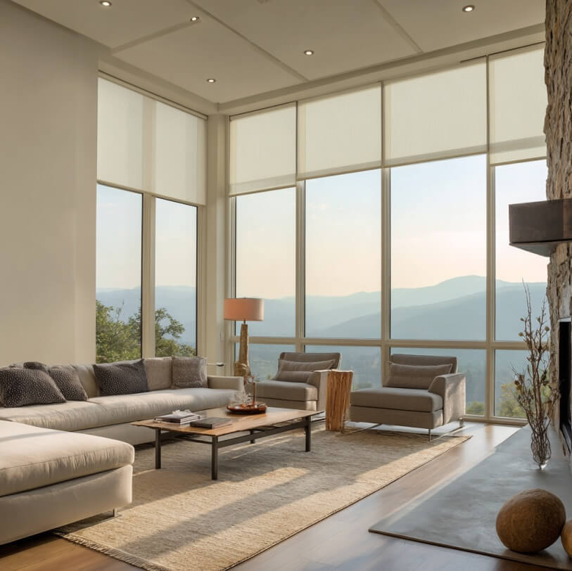 Minimalist living room with floor-to-ceiling warm white roller shades, softly filtering sunlight and preserving panoramic views of rolling hills.
