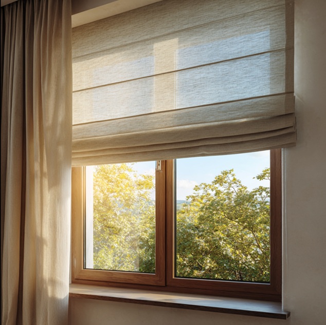 Window with Roman shade and sheer curtains creating soft light in a Yorba Linda, CA interior.