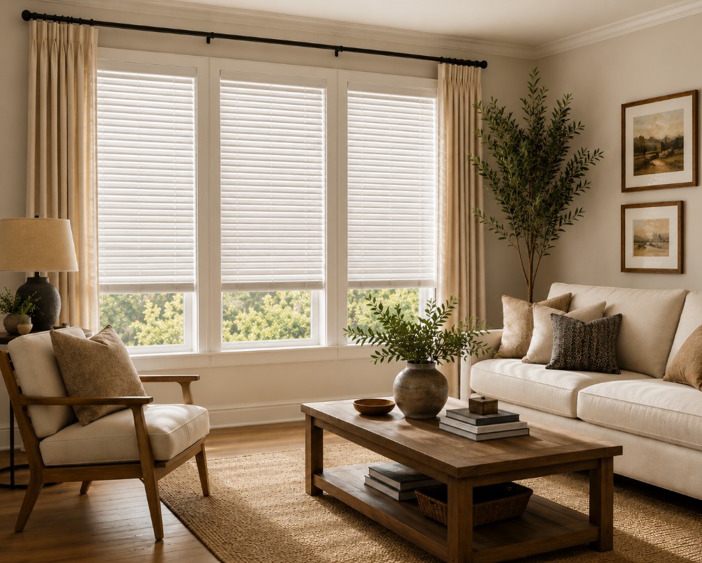 Custom window blinds in a neutral-toned living room with soft natural light.