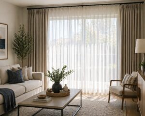 Layered window treatments with sheer curtains and drapery panels in a bright Orange County, CA living room. This image is AI-generated and intended for inspirational purposes only; it may not be completely accurate.