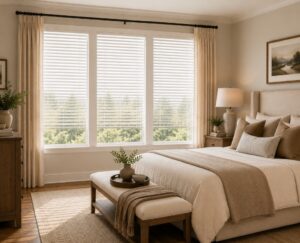 Custom window blinds in a neutral-toned bedroom with soft natural light filtering through large windows. This image is AI-generated and intended for inspirational purposes only; it may not be completely accurate.