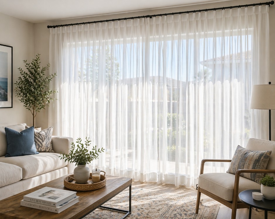Sheer curtains softly filtering natural light in a bright, neutral-toned Orange County living room.