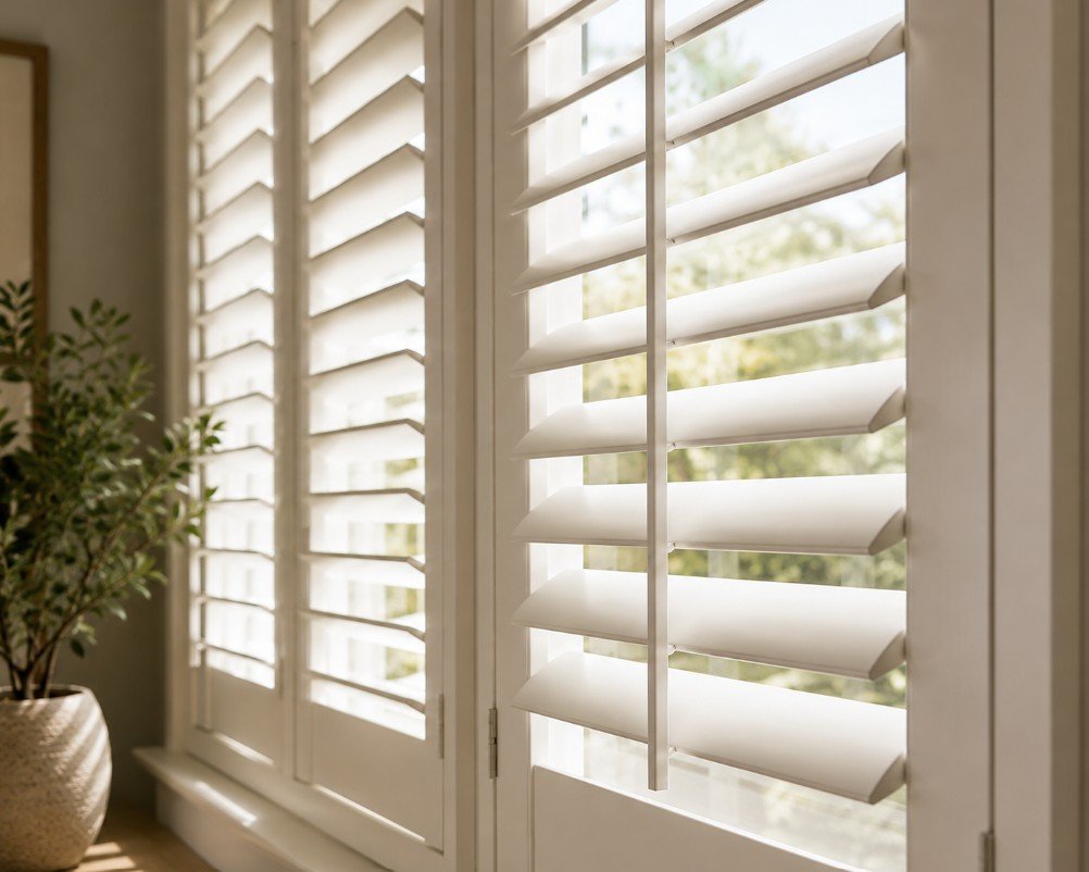 Close-up of plantation window shutters with angled louvers filtering soft natural light indoors. Close-up of plantation window shutters with angled louvers filtering soft natural light indoors.