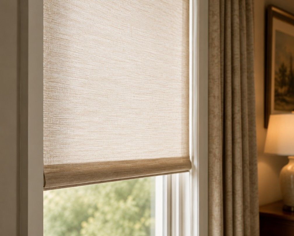 Close-up of a textured fabric window shade softly filtering natural light beside neutral drapery panels indoors. 