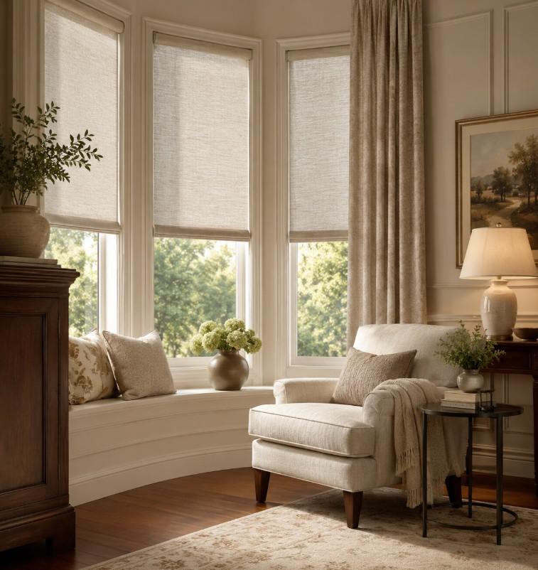 Fabric window shades filtering soft natural light in a warm, neutral-toned living room with a cozy bay window seating area.