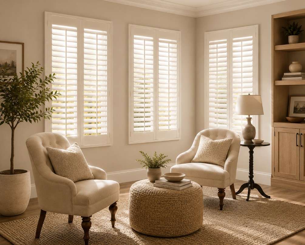 Neutral-toned sitting area with plantation window shutters and soft natural light filtering into the room.