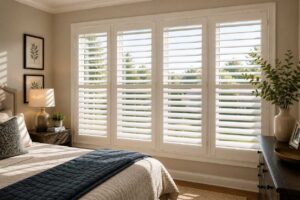 Bedroom with custom white window shutters providing privacy, light control, and everyday comfort.