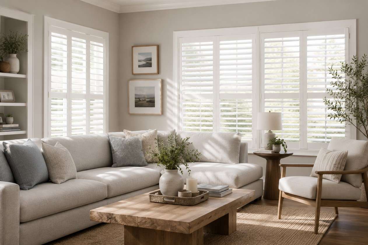 Contemporary living room with custom white window shutters and natural light.