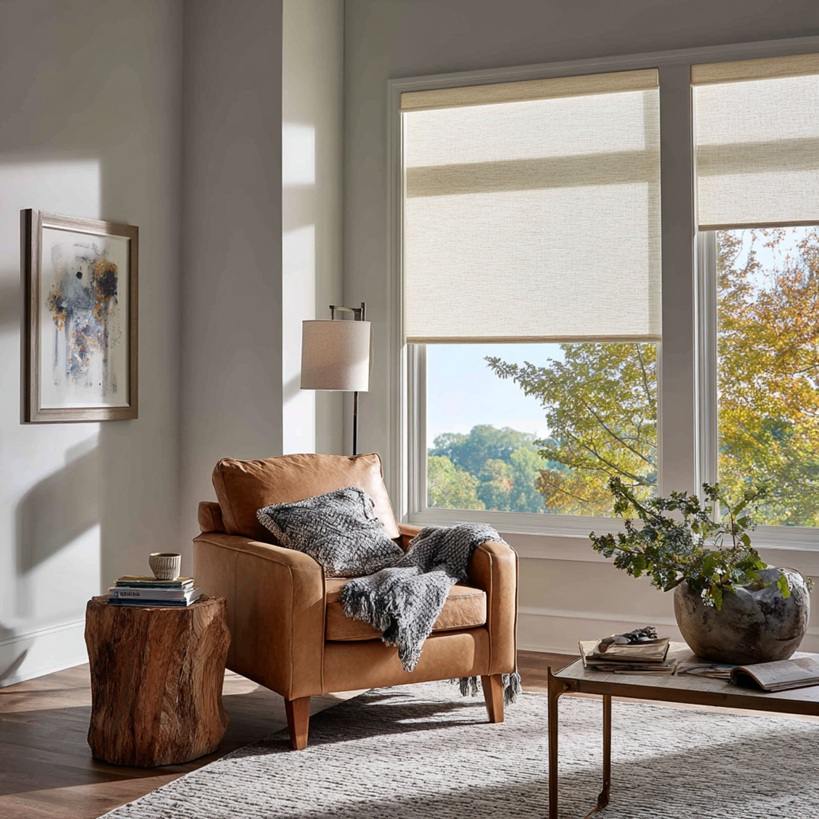 Cozy living room with modern roller window shades and soft natural light.