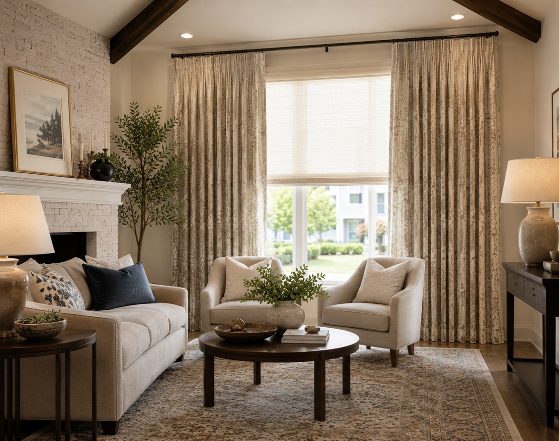 Custom window draperies in a Fullerton, CA living room. This image is AI-generated and intended for inspirational purposes only; it may not be completely accurate.