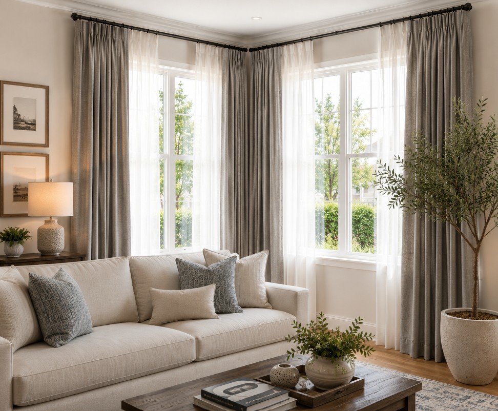 Custom layered window draperies with sheer panels in a Yorba Linda, CA living room. This image is AI-generated and intended for inspirational purposes only; it may not be completely accurate. 