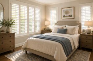 Comfortable Yorba Linda, CA bedroom featuring custom white plantation shutters with natural light and neutral décor. This image is AI-generated and intended for inspirational purposes only; it may not be completely accurate.