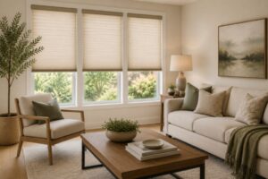 Modern Yorba Linda, CA living room featuring custom window shades with abundant natural light and neutral décor. This image is AI-generated and intended for inspirational purposes only; it may not be completely accurate.