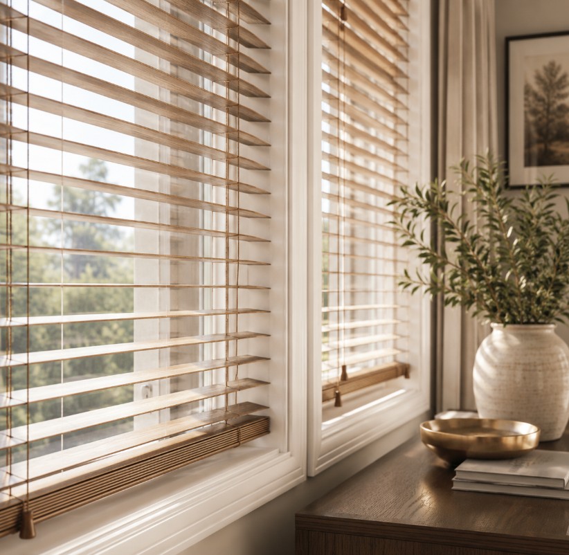 Custom wood horizontal blinds filtering natural light in a Yorba Linda, CA home. This image is AI-generated and intended for inspirational purposes only; it may not be completely accurate.
