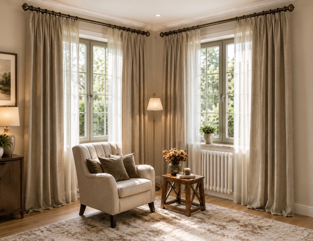 Elegant custom window coverings improving comfort and energy efficiency in Yorba Linda, CA. This image is AI-generated and intended for inspirational purposes only; it may not be completely accurate.