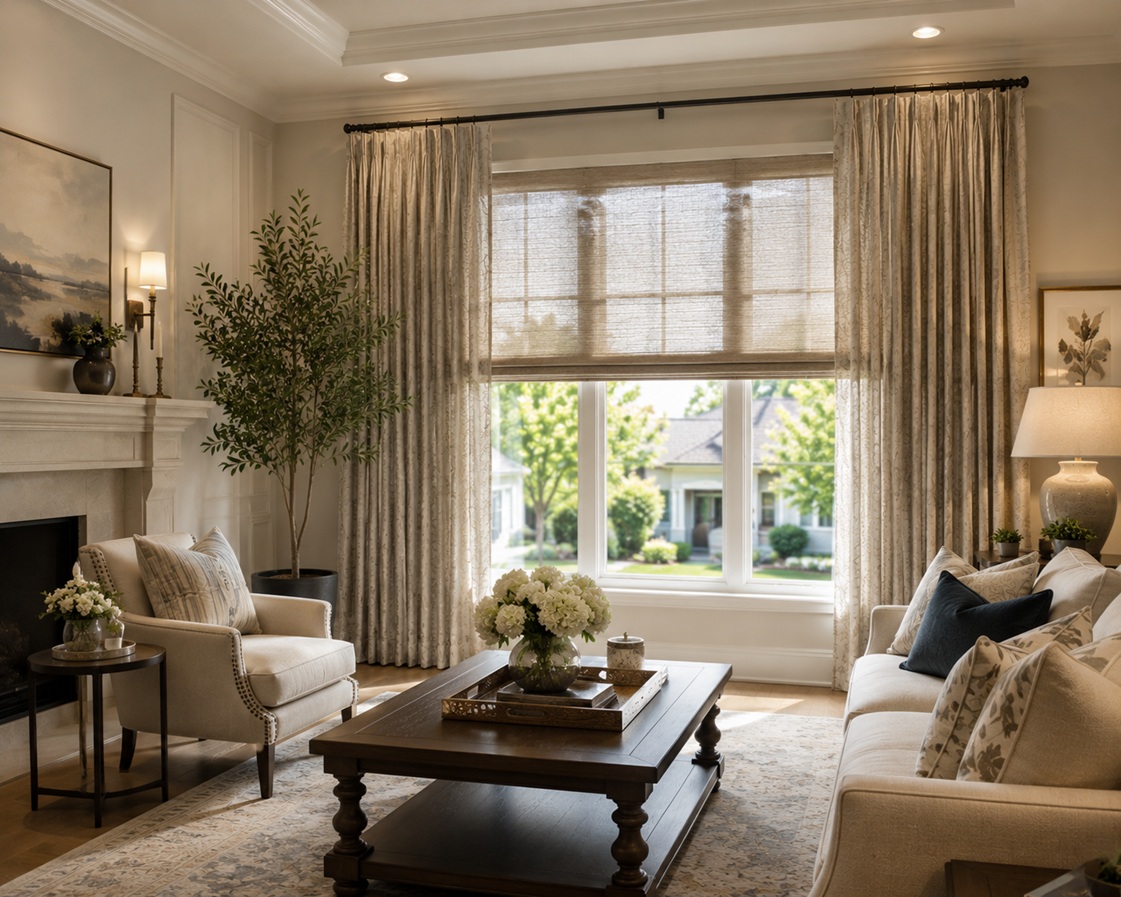 Elegant custom window coverings and drapery design for a residential home in Fullerton, CA. This image is AI-generated and intended for inspirational purposes only; it may not be completely accurate.