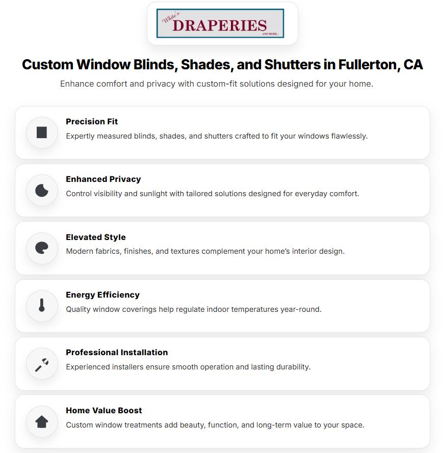 Infographic showcasing custom window blinds, shades, and shutters Fullerton, CA with precision fit, privacy, and professional installation.
