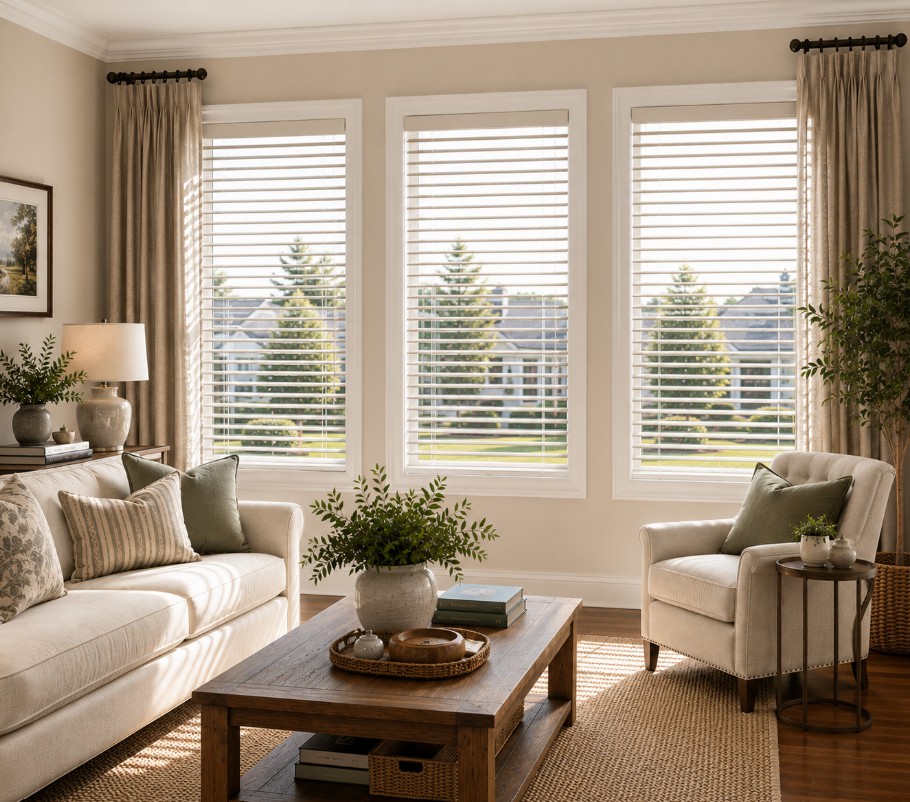 Custom horizontal window blinds in a Yorba Linda, CA living room with coordinated drapery panels. This image is AI-generated and intended for inspirational purposes only; it may not be completely accurate.