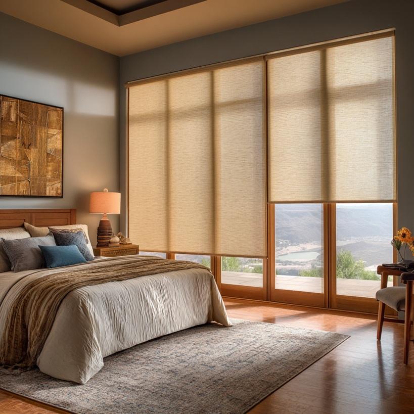 Modern bedroom with beige roller window shades and natural light.