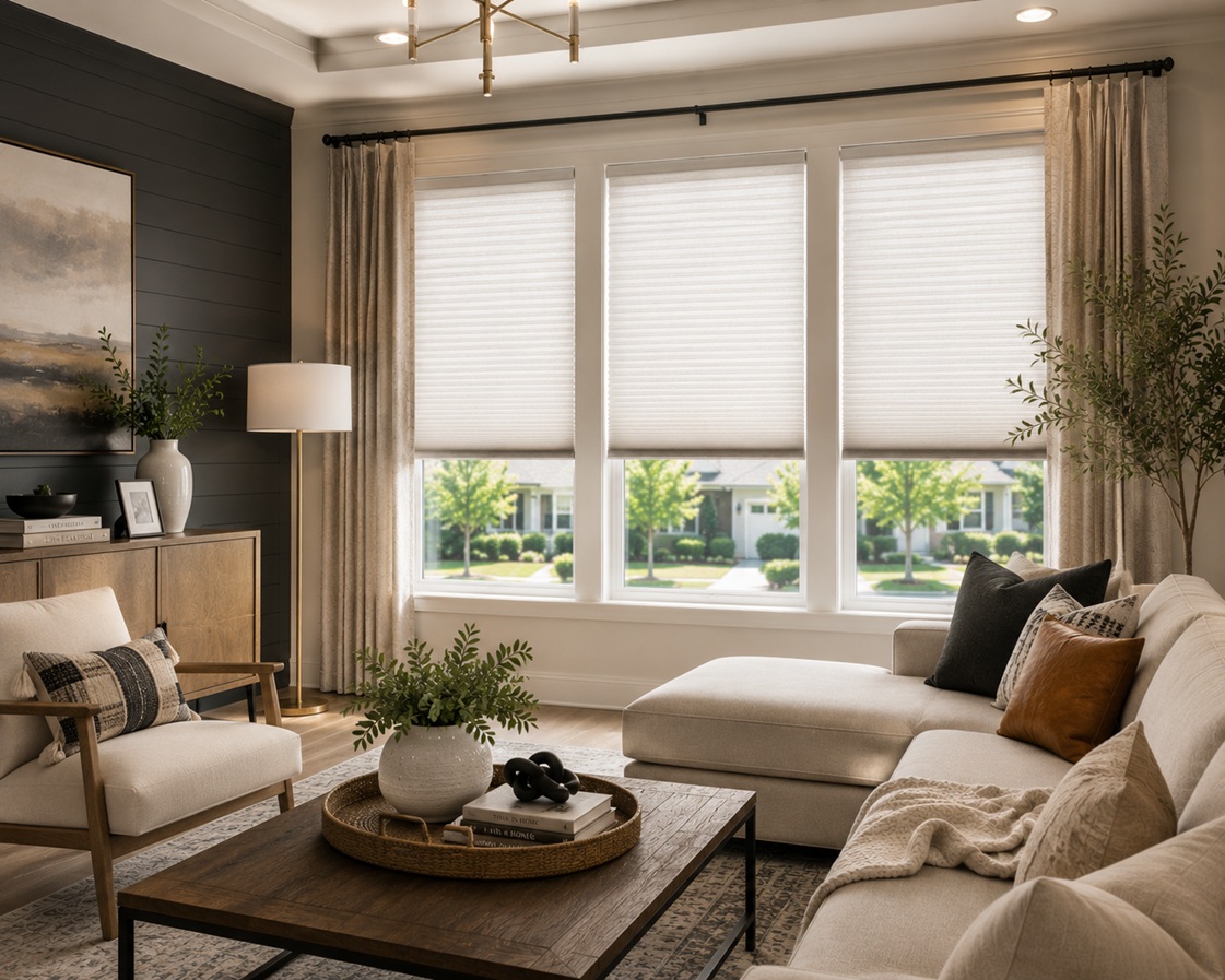 White horizontal window blinds in a Fullerton, CA living room with neutral drapery panels. This image is AI-generated and intended for inspirational purposes only; it may not be completely accurate.