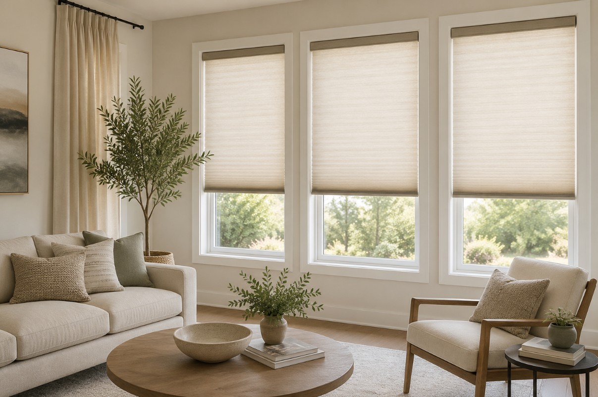 Modern Yorba Linda, CA living room featuring custom window shades with soft natural light and neutral décor. This image is AI-generated and intended for inspirational purposes only; it may not be completely accurate.