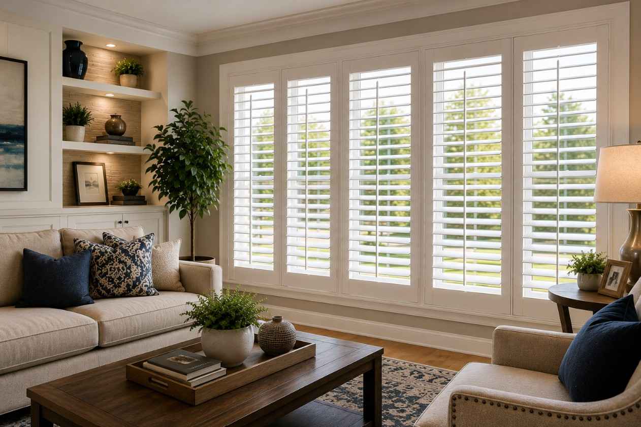 Modern living room with custom white window shutters providing privacy, light control, and everyday comfort.