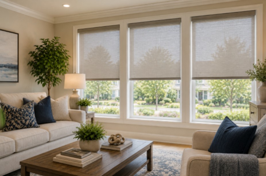 Modern living room with light-filtering window shades providing privacy, comfort, and natural light.