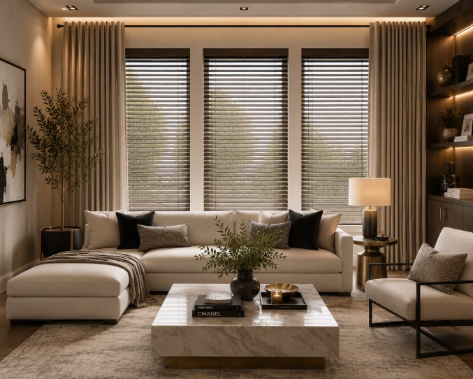 Luxury living room with custom window blinds and neutral drapery panels. This image is AI-generated and intended for inspirational purposes only; it may not be completely accurate.