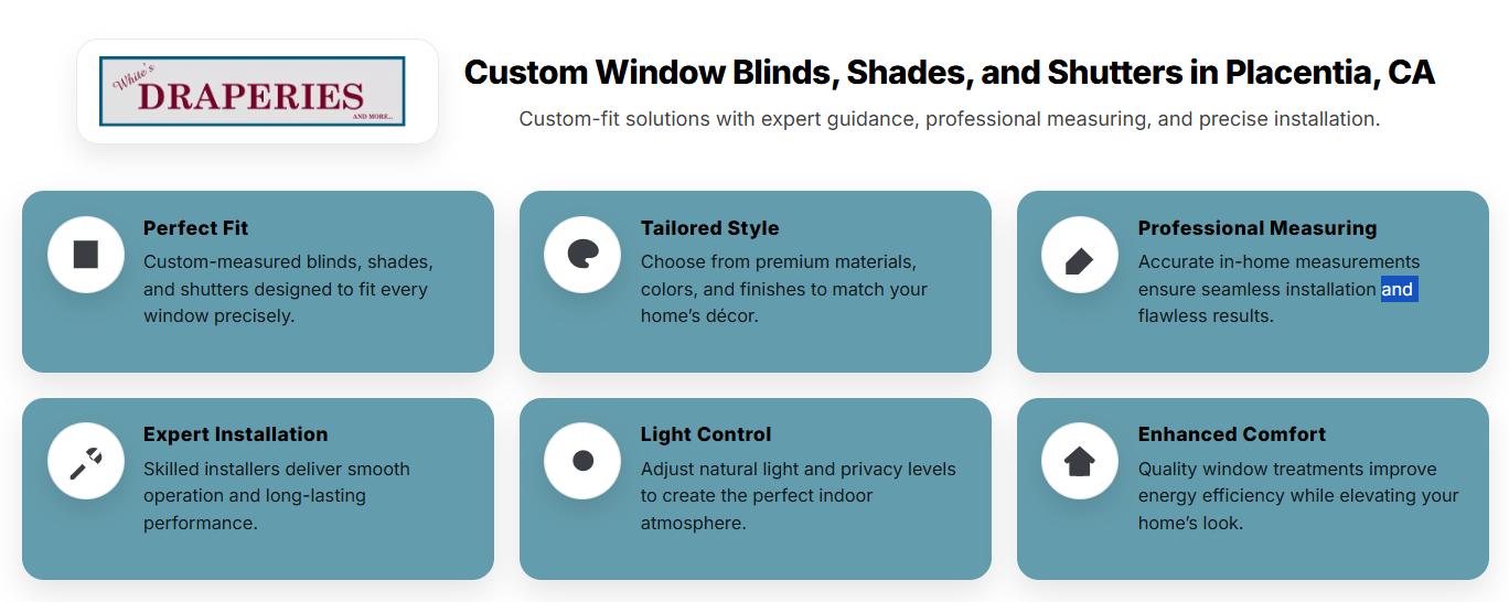 Infographic showcasing custom window blinds, shades, and shutters Placentia, CA with expert measuring, installation, and light control.