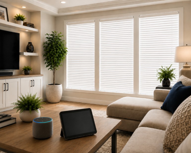 Smart window blinds in a modern Fullerton, CA living room. This image is AI-generated and intended for inspirational purposes only; it may not be completely accurate.