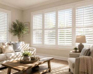 Sunlit living room with white window shutters helping regulate natural light and indoor comfort.