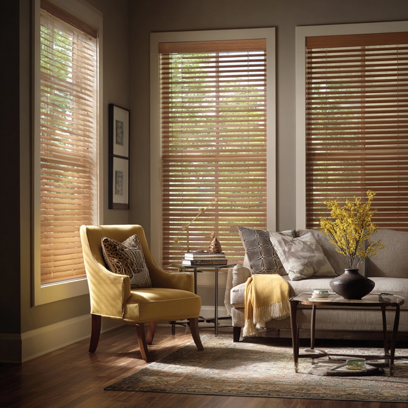 Sunlit living room with warm wood window blinds, a beige sofa, and natural light filtering through the windows. This image is AI-generated and intended for inspirational purposes only; it may not be completely accurate.