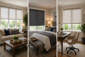 Window shades customized for a living room, bedroom, and home office to support privacy, comfort, and light control.