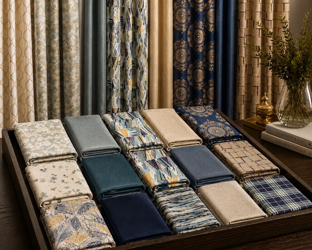 Elegant drapery fabrics that add richness and sophistication displayed alongside custom fabric swatches for window treatment design. This image is AI-generated and intended for inspirational purposes only; it may not be completely accurate.