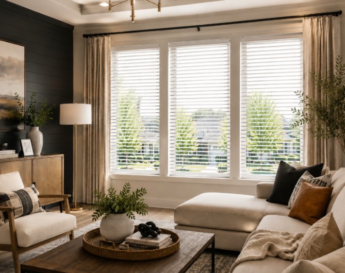 White horizontal window blinds in a Fullerton, CA living room with neutral drapery panels.