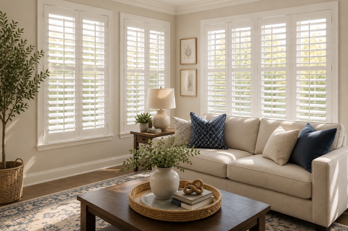 Bright Yorba Linda, CA living room featuring custom white plantation shutters with natural light and neutral décor.