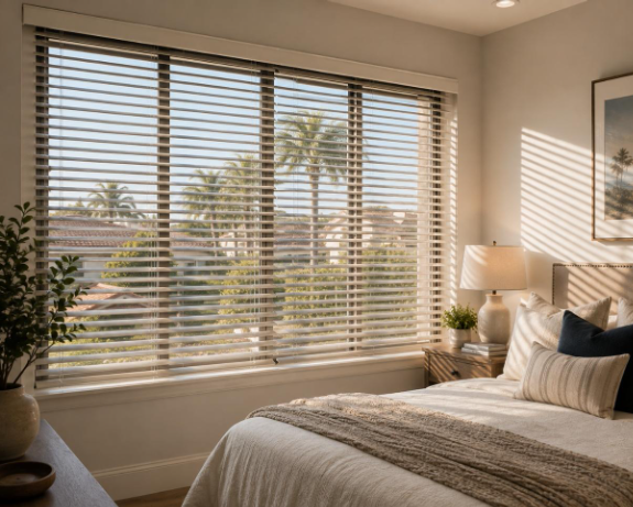 Custom blinds providing natural light and privacy in an Orange County home.This image is AI-generated and intended for inspirational purposes only; it may not be completely accurate.