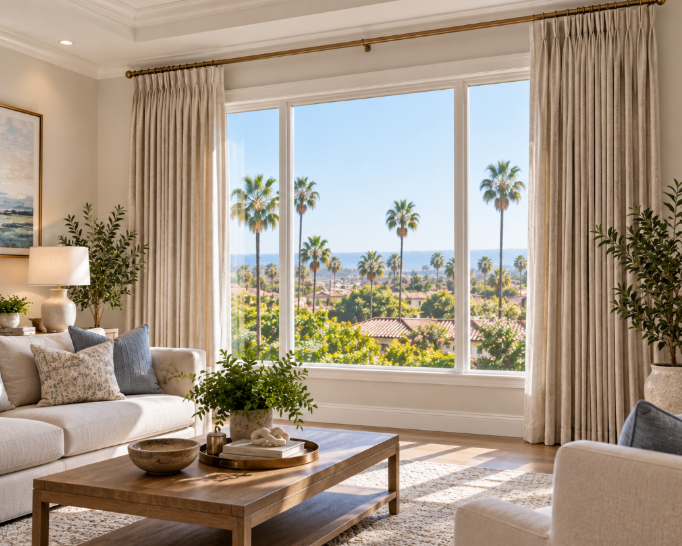 Custom drapery framing a large window in an Orange County, CA living room.This image is AI-generated and intended for inspirational purposes only; it may not be completely accurate.