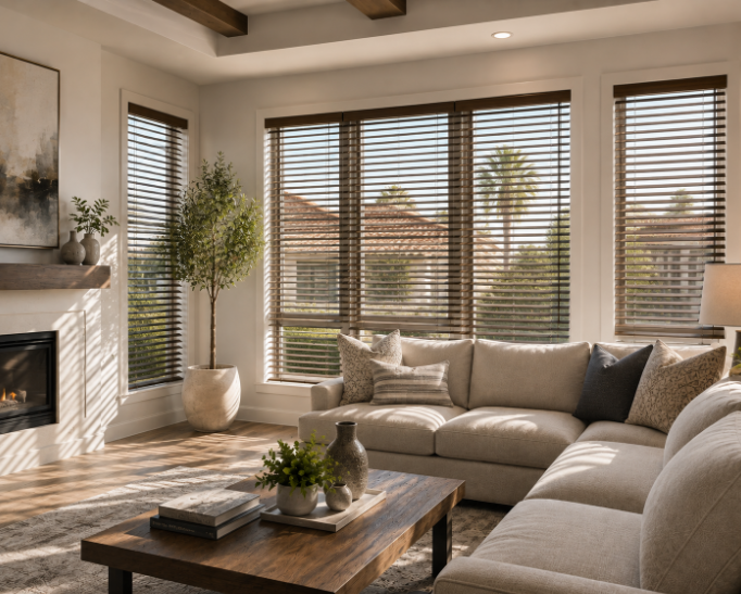 Custom window blinds in a modern Orange County, CA living room. This image is AI-generated and intended for inspirational purposes only; it may not be completely accurate.