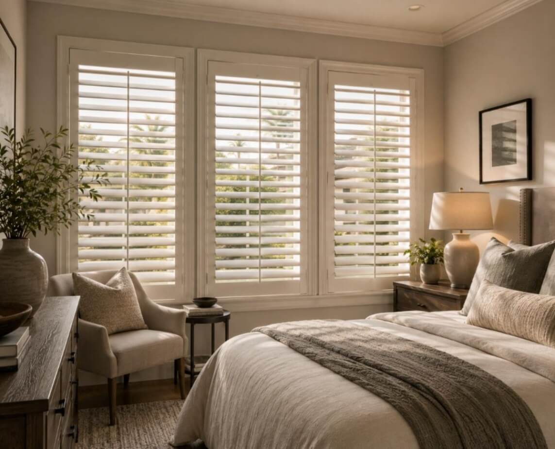 Custom window shutters providing privacy and balanced light in a stylish room.