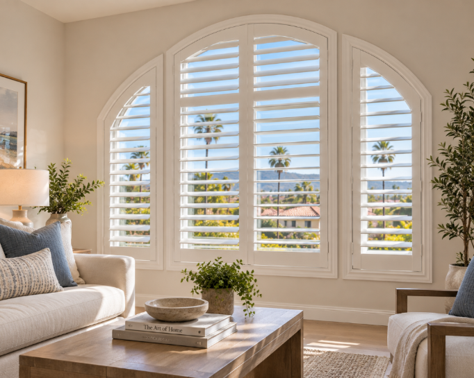 Interior window shutters complementing a distinctive window in an Orange County, CA home. This image is AI-generated and intended for inspirational purposes only; it may not be completely accurate.