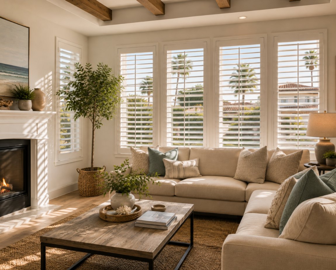 Window shutters adding character and natural light to an Orange County, CA living room.
